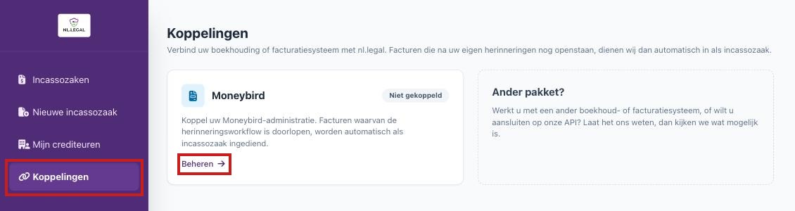 De pagina Koppelingen in het klantportaal van nl.legal, met de kaart Moneybird en de status Niet gekoppeld