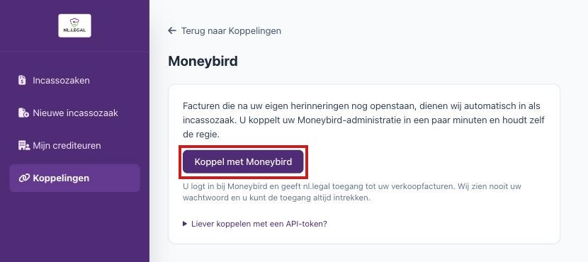 De Moneybird-pagina in het klantportaal met de knop Koppel met Moneybird