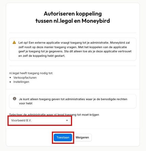 Het toestemmingsscherm van Moneybird met de keuze van de administratie en de knop Toestaan