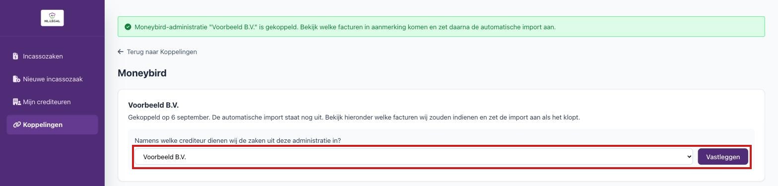 Het klantportaal direct na het koppelen, met de vraag namens welke crediteur de zaken worden ingediend