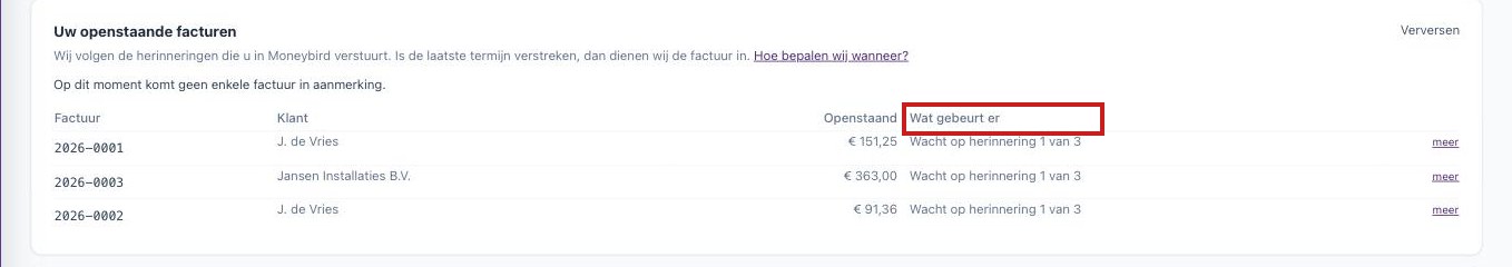 De lijst met openstaande facturen in het klantportaal, met per factuur de status en de knop meer