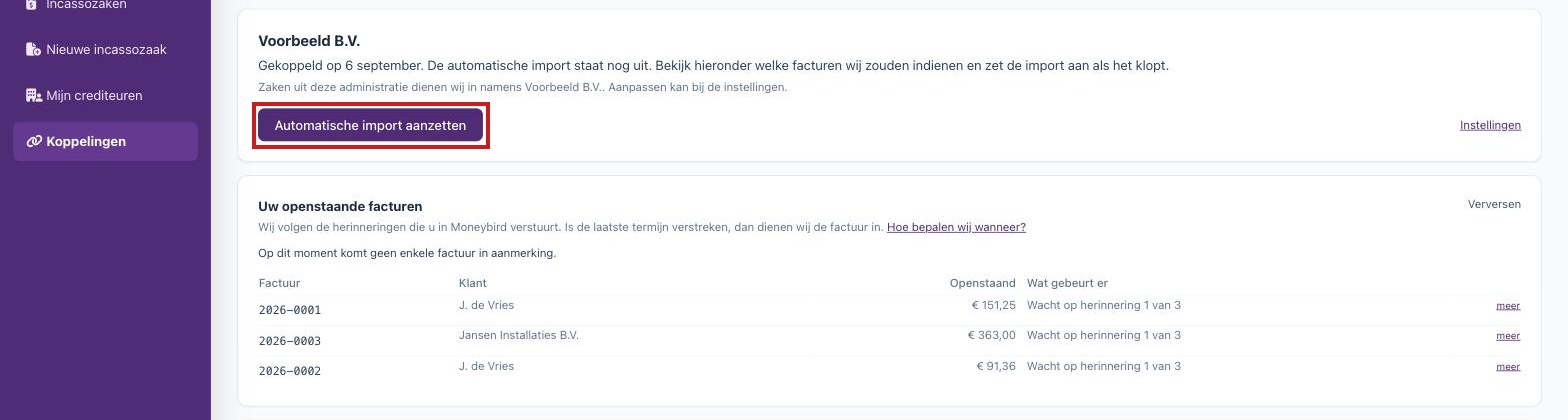 Het klantportaal na het koppelen, met de knop Automatische import aanzetten boven de lijst met openstaande facturen